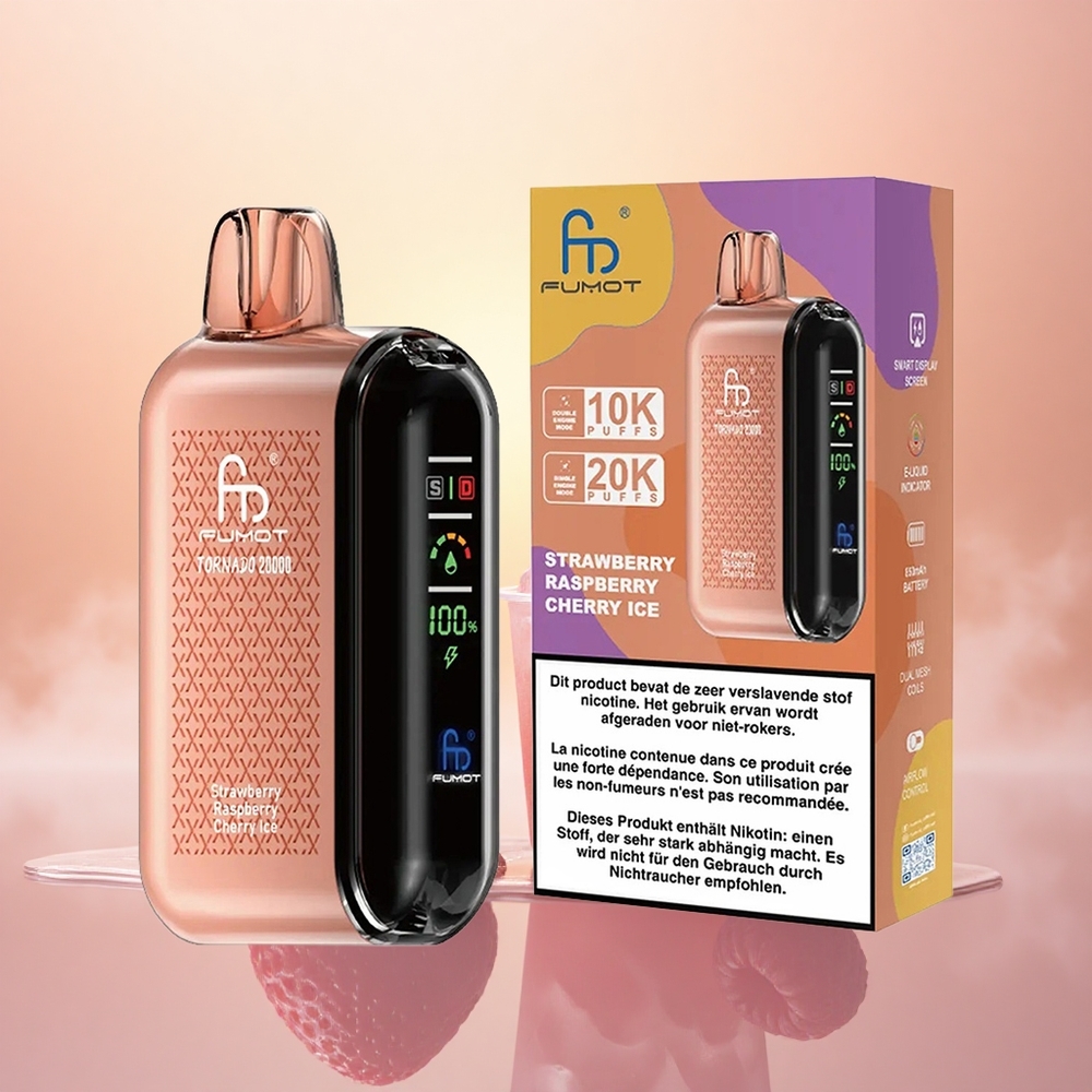 Fumot Tornado 20000 Puffs Strawberry Raspberry Cherry Ice Dual Mesh Smart Display