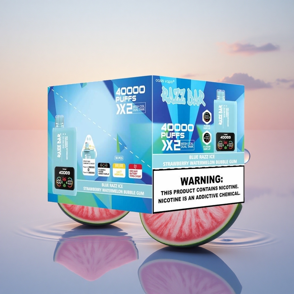Razz Bar 40000 Puffs Blue Razz Ice-Strawberry Watermelon Bubble Gum with Mesh Coil & Type-C Port